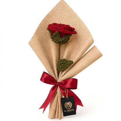 Single Red Rose Bouquet with Green Leaves, Burlap Wrapping & Ribbon Bow