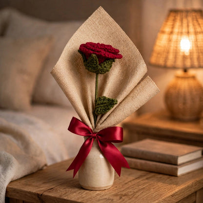 Single Red Rose Bouquet with Green Leaves, Burlap Wrapping & Ribbon Bow