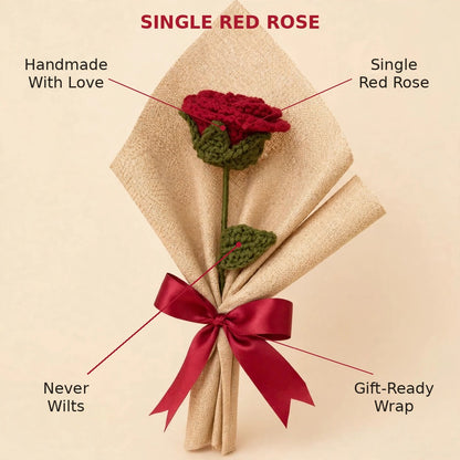 Single Red Rose Bouquet with Green Leaves, Burlap Wrapping & Ribbon Bow