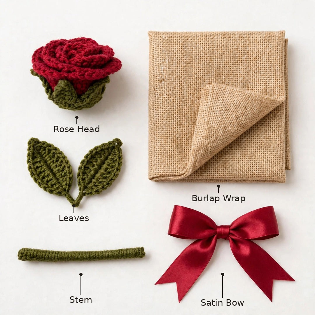 Single Red Rose Bouquet with Green Leaves, Burlap Wrapping & Ribbon Bow