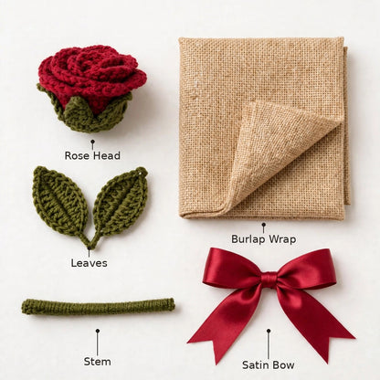 Single Red Rose Bouquet with Green Leaves, Burlap Wrapping & Ribbon Bow