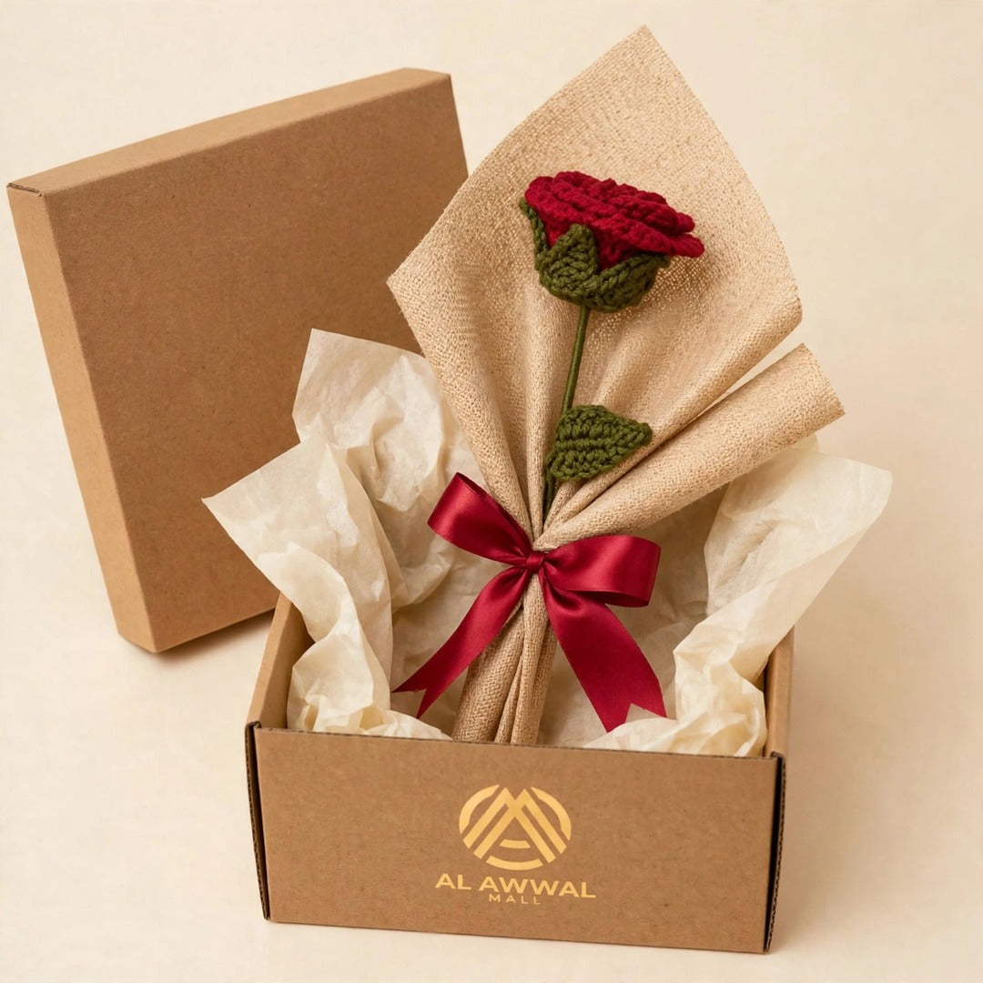Single Red Rose Bouquet with Green Leaves, Burlap Wrapping & Ribbon Bow