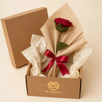 Single Red Rose Bouquet with Green Leaves, Burlap Wrapping & Ribbon Bow
