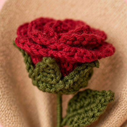 Single Red Rose Bouquet with Green Leaves, Burlap Wrapping & Ribbon Bow