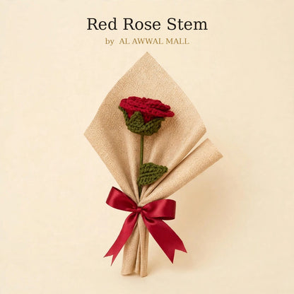 Single Red Rose Bouquet with Green Leaves, Burlap Wrapping & Ribbon Bow