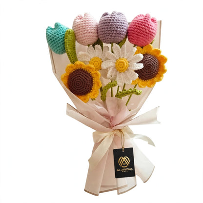 Different Color Tulip Bouquet with Sunflowers, White Daisies & Cream Wrapping