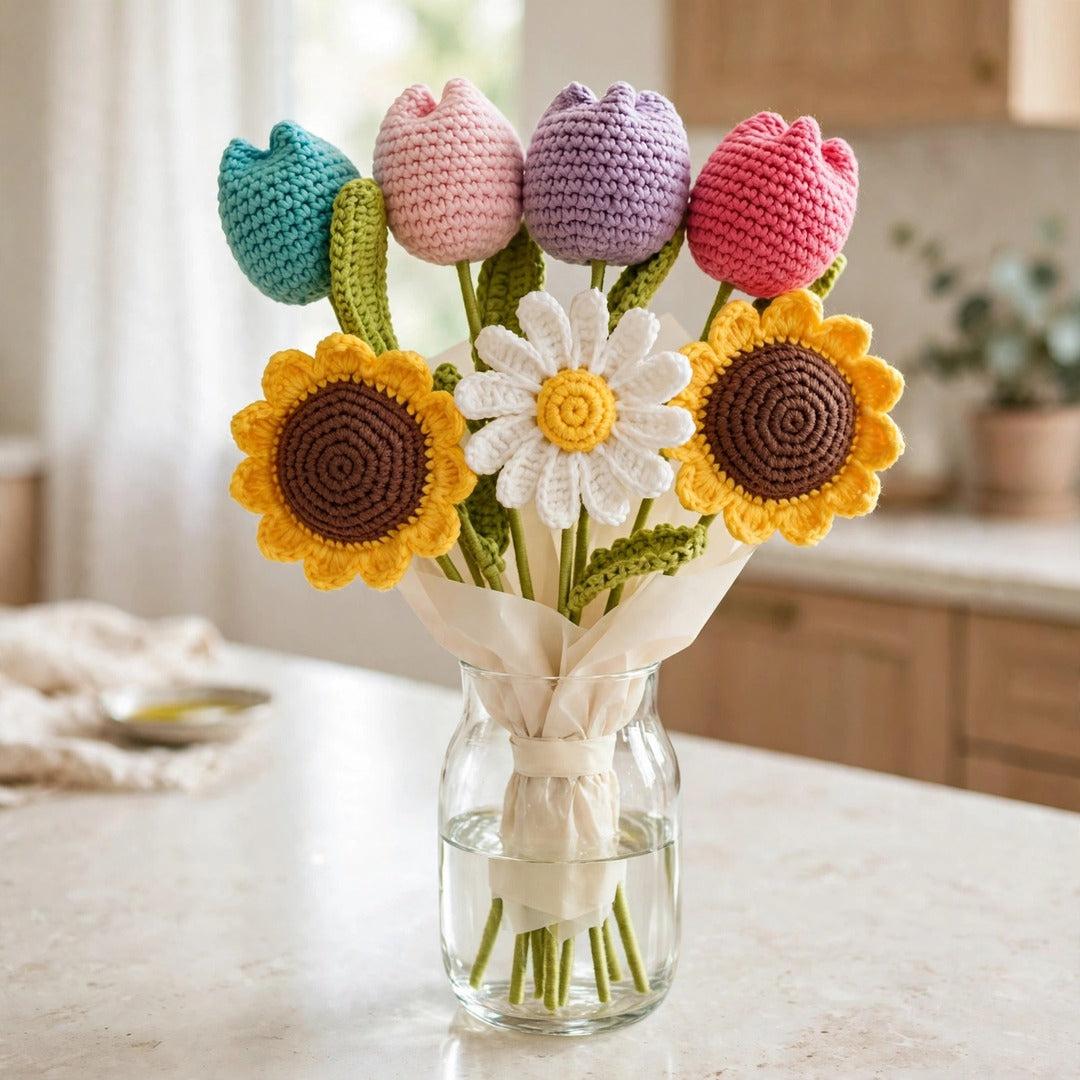 Different Color Tulip Bouquet with Sunflowers, White Daisies & Cream Wrapping