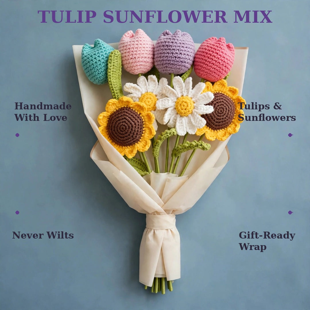 Different Color Tulip Bouquet with Sunflowers, White Daisies & Cream Wrapping