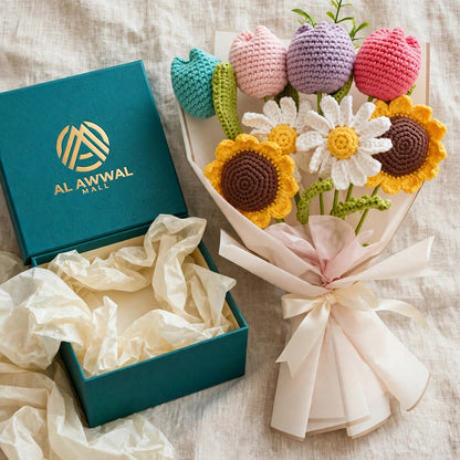 Different Color Tulip Bouquet with Sunflowers, White Daisies & Cream Wrapping