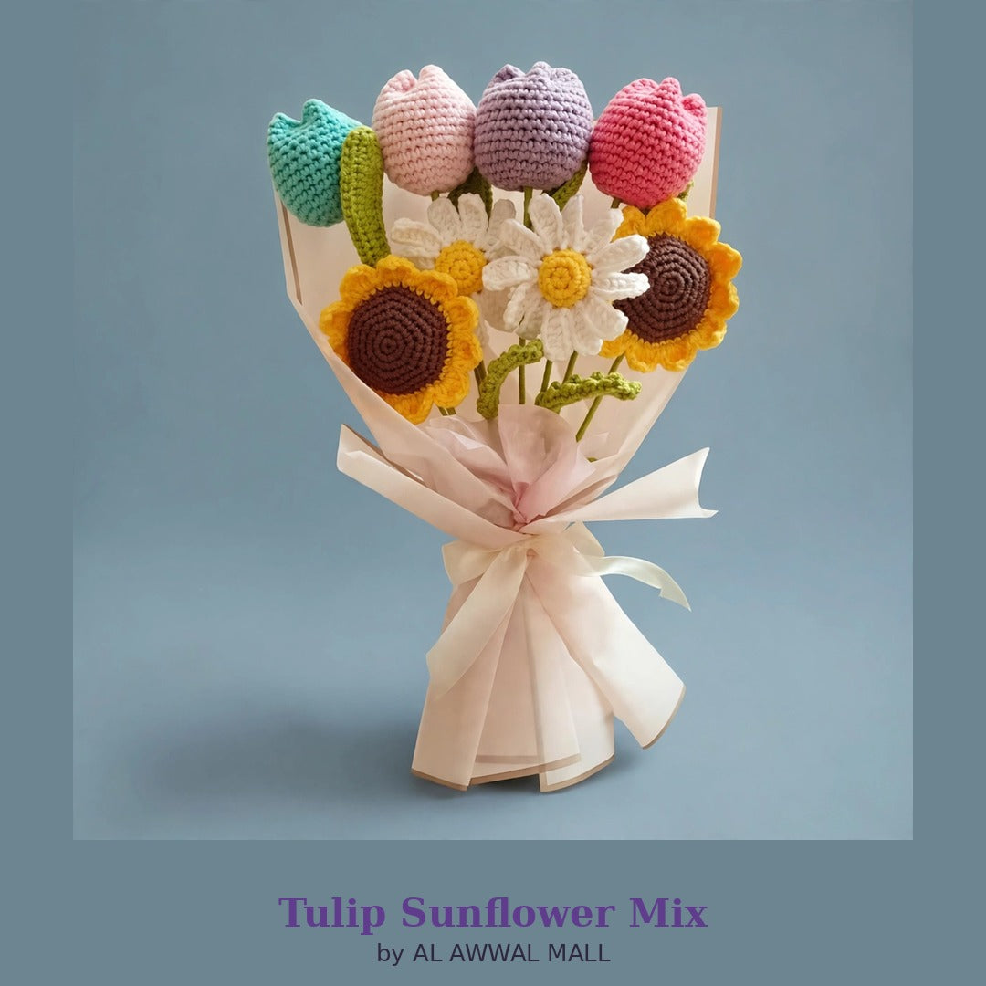 Different Color Tulip Bouquet with Sunflowers, White Daisies & Cream Wrapping