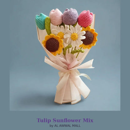 Different Color Tulip Bouquet with Sunflowers, White Daisies & Cream Wrapping