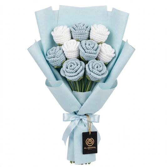 Blue and White Rose Bouquet with Blue Paper Wrapping and Ribbon Bow