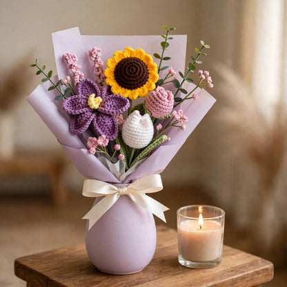 Mixed Flower Bouquet with Sunflower, Purple Orchid, Rose Buds & White Tulips