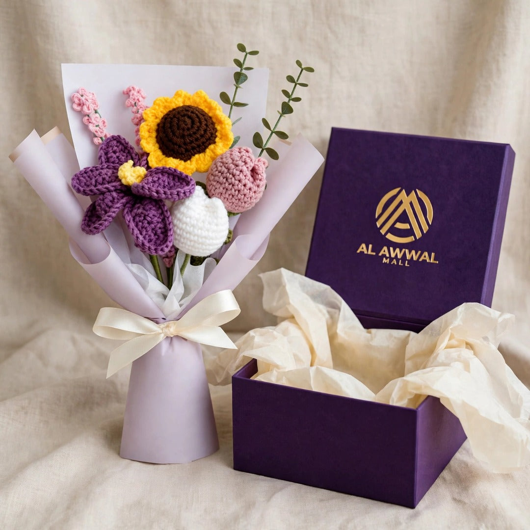 Mixed Flower Bouquet with Sunflower, Purple Orchid, Rose Buds & White Tulips