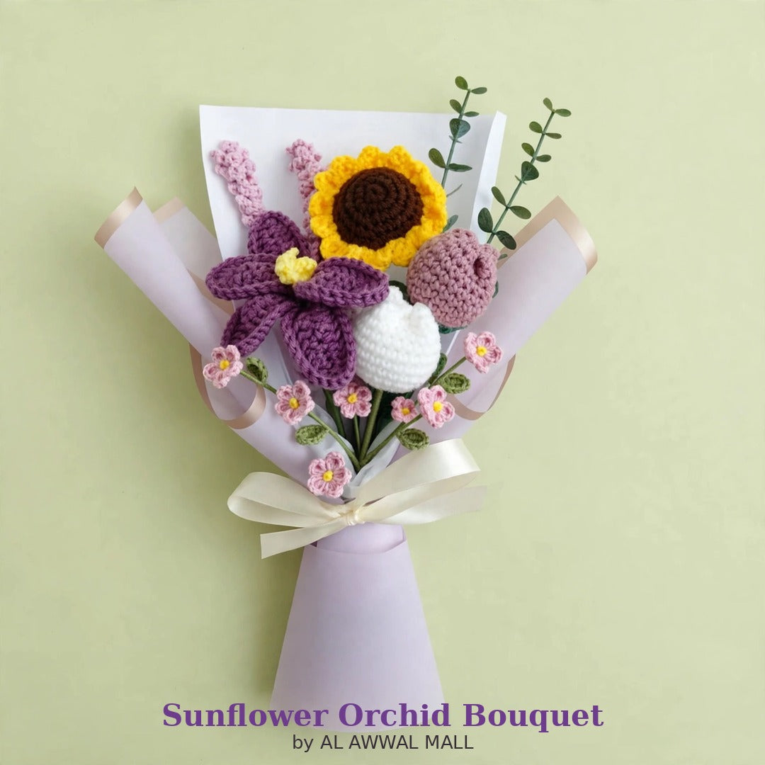 Mixed Flower Bouquet with Sunflower, Purple Orchid, Rose Buds & White Tulips