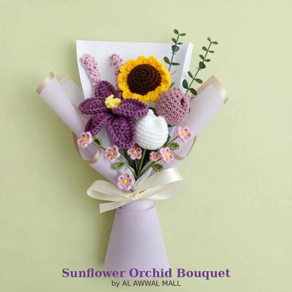 Mixed Flower Bouquet with Sunflower, Purple Orchid, Rose Buds & White Tulips