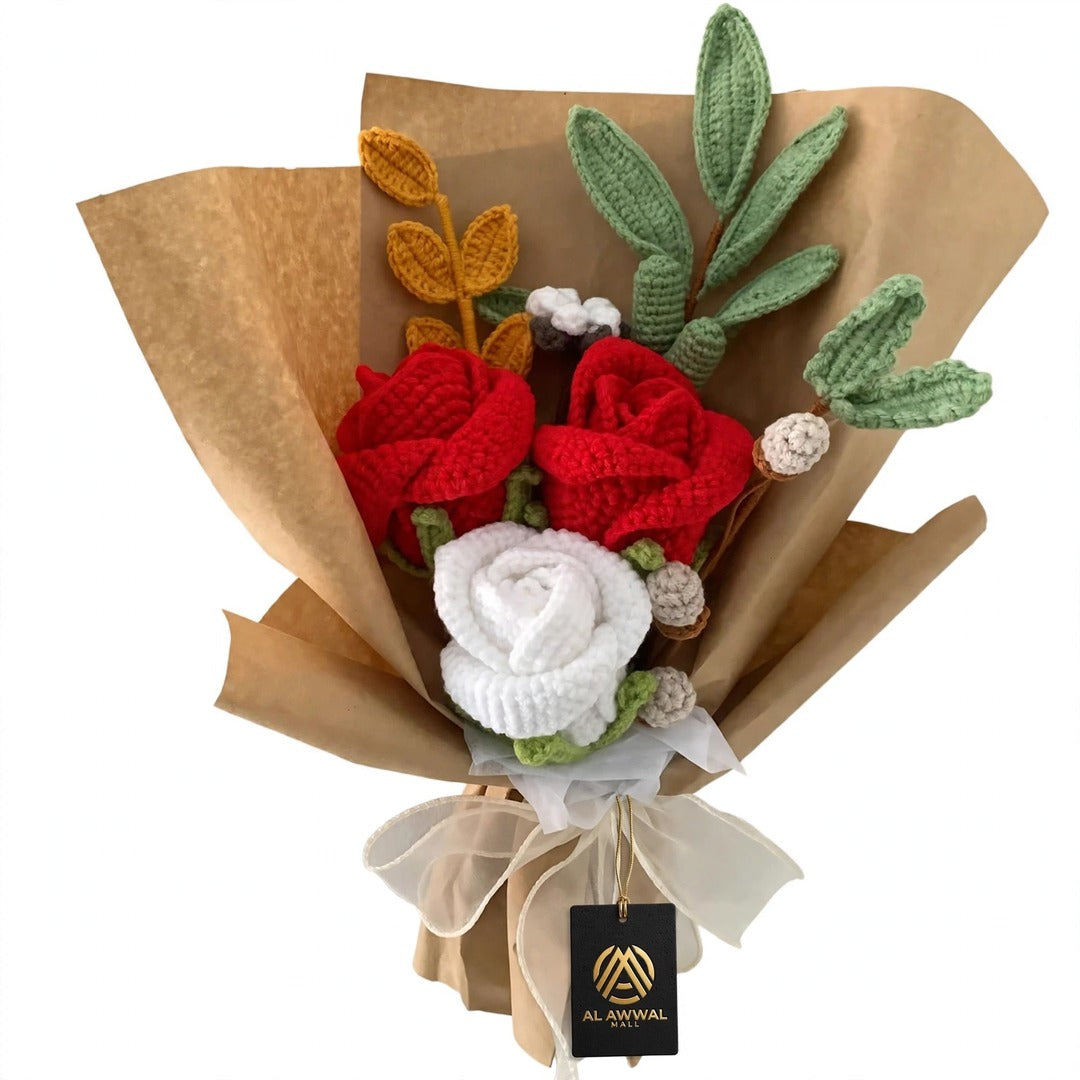 Red & White Rose Bouquet with Mini Rose Buds, Eucalyptus Leaves & Craft Wrapping