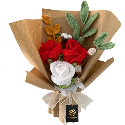 Red & White Rose Bouquet with Mini Rose Buds, Eucalyptus Leaves & Craft Wrapping
