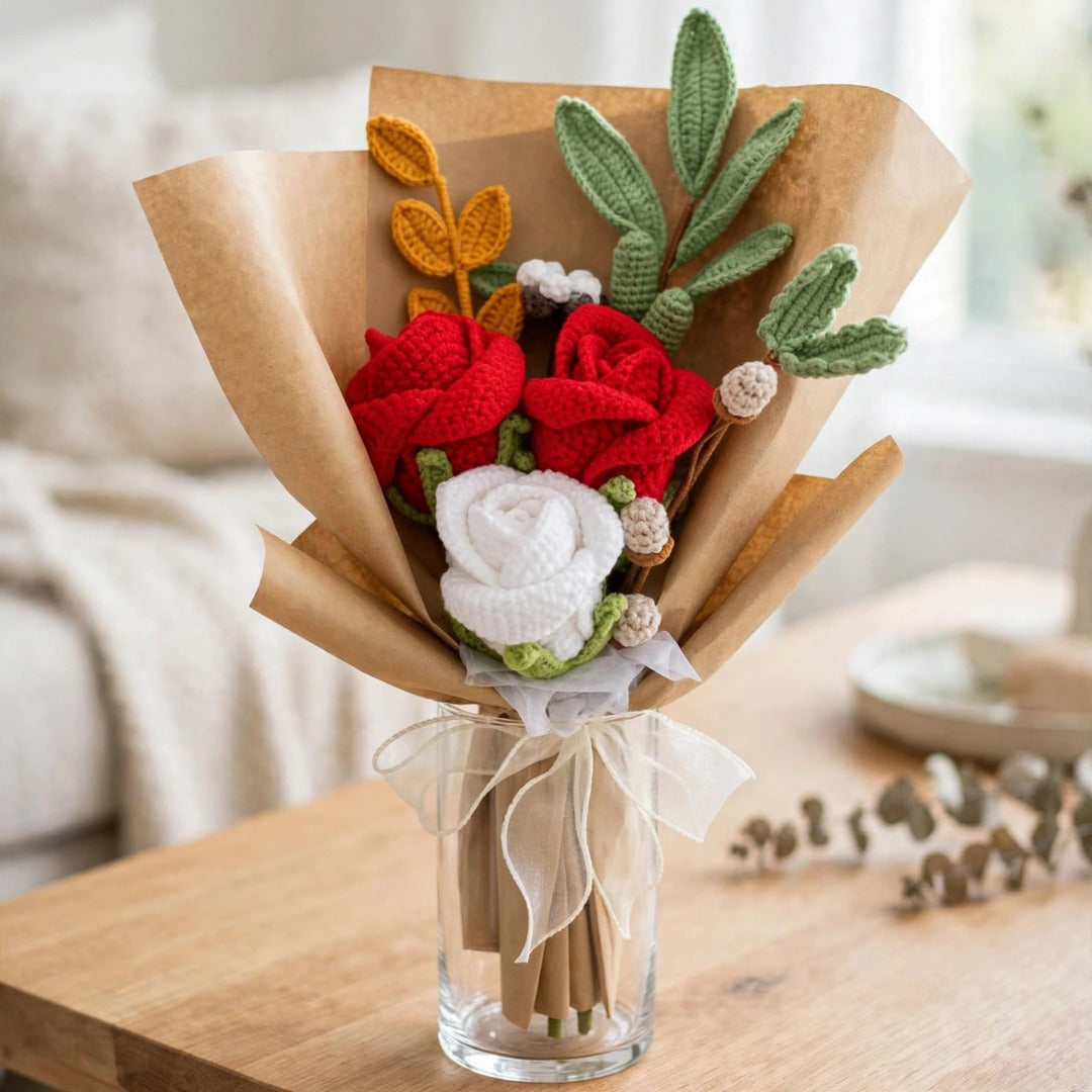 Red & White Rose Bouquet with Mini Rose Buds, Eucalyptus Leaves & Craft Wrapping