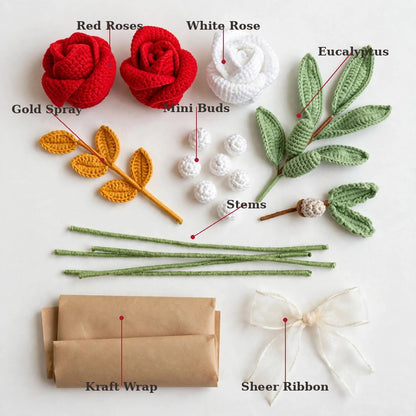 Red & White Rose Bouquet with Mini Rose Buds, Eucalyptus Leaves & Craft Wrapping