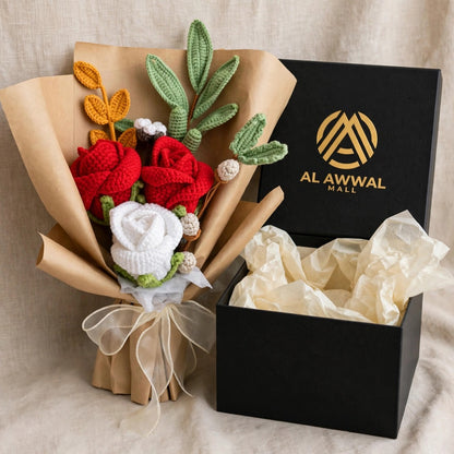 Red & White Rose Bouquet with Mini Rose Buds, Eucalyptus Leaves & Craft Wrapping