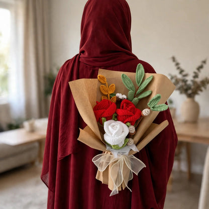 Red & White Rose Bouquet with Mini Rose Buds, Eucalyptus Leaves & Craft Wrapping