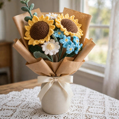 Sunflower & White Daisy Bouquet with Blue Blooms and Tan Wrapping