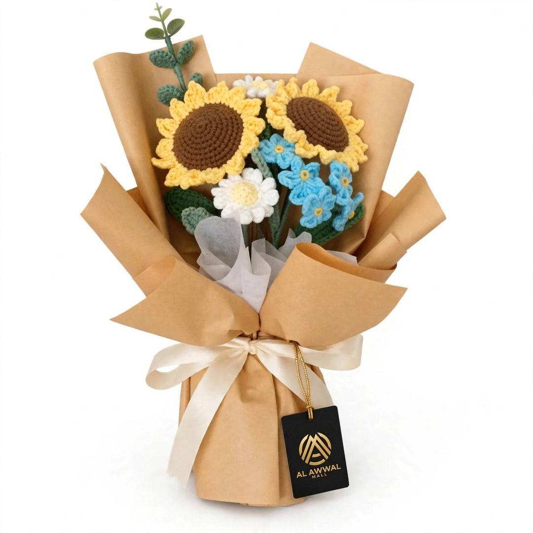 Sunflower & White Daisy Bouquet with Blue Blooms and Tan Wrapping