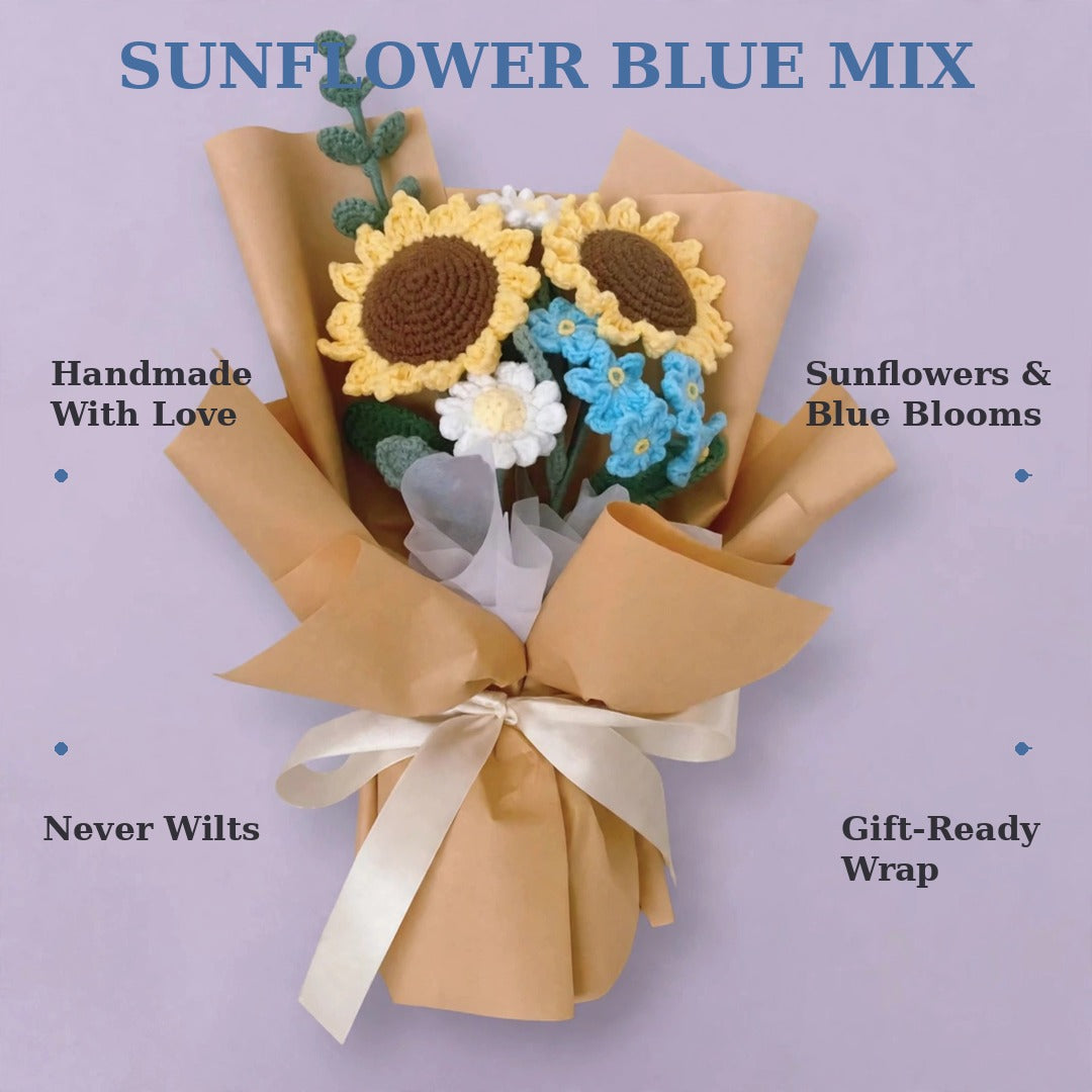 Sunflower & White Daisy Bouquet with Blue Blooms and Tan Wrapping
