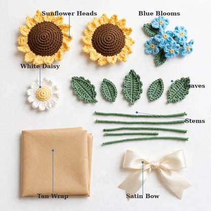 Sunflower & White Daisy Bouquet with Blue Blooms and Tan Wrapping