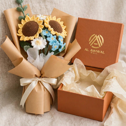 Sunflower & White Daisy Bouquet with Blue Blooms and Tan Wrapping