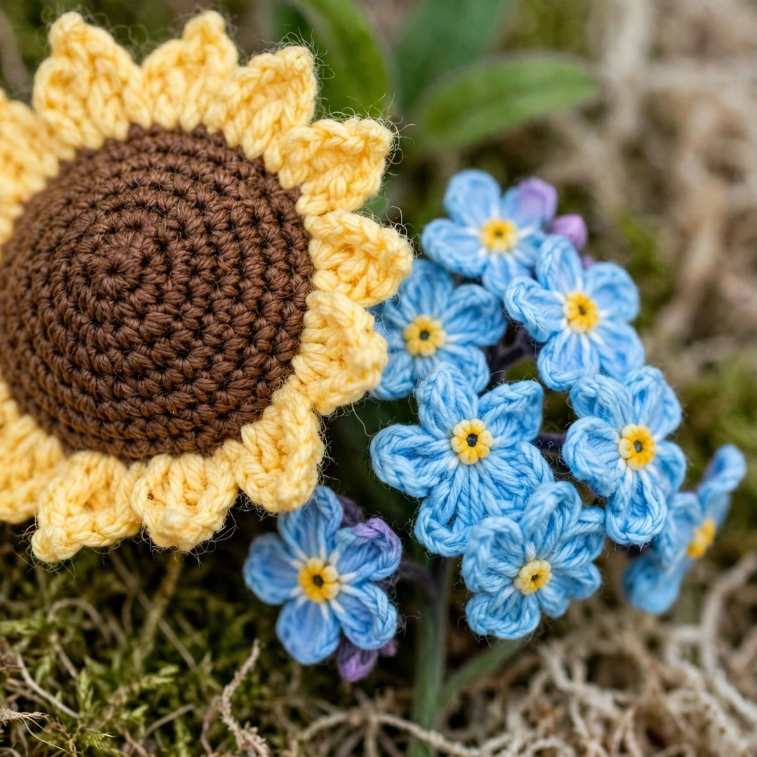 Sunflower & White Daisy Bouquet with Blue Blooms and Tan Wrapping