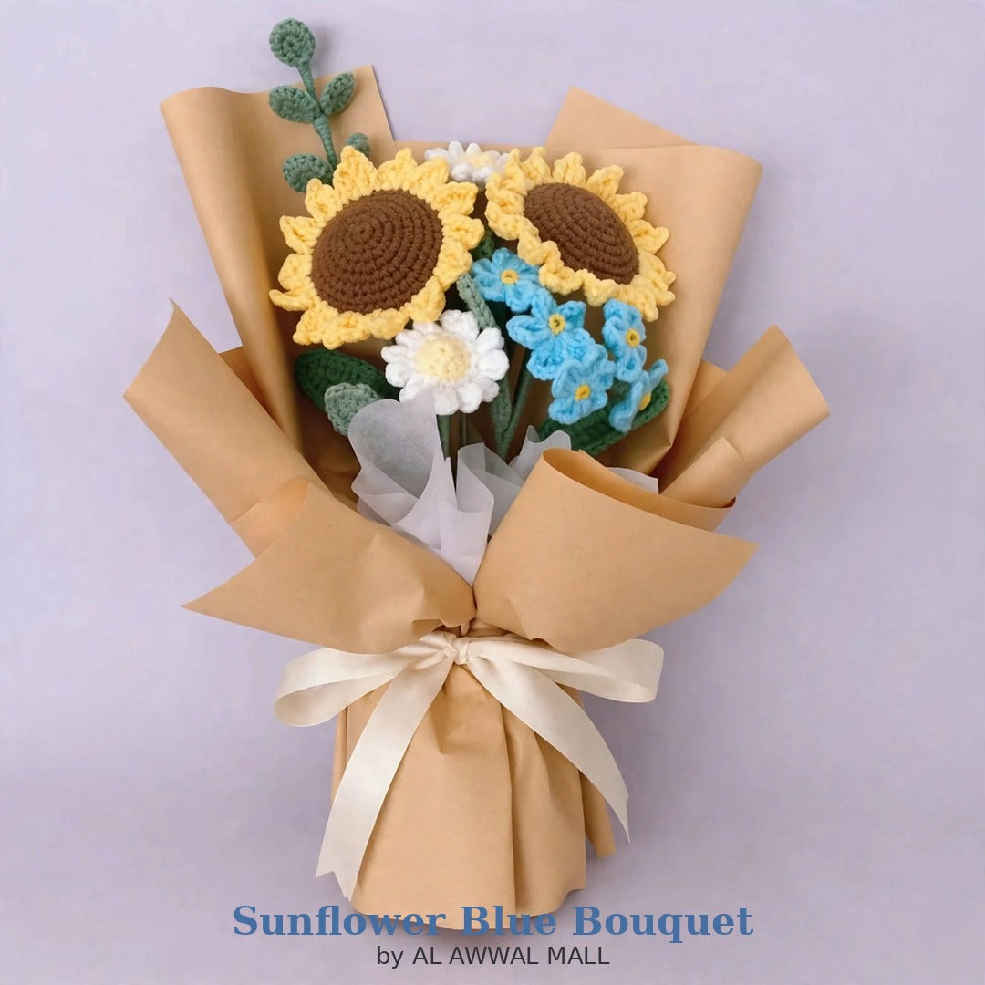 Sunflower & White Daisy Bouquet with Blue Blooms and Tan Wrapping