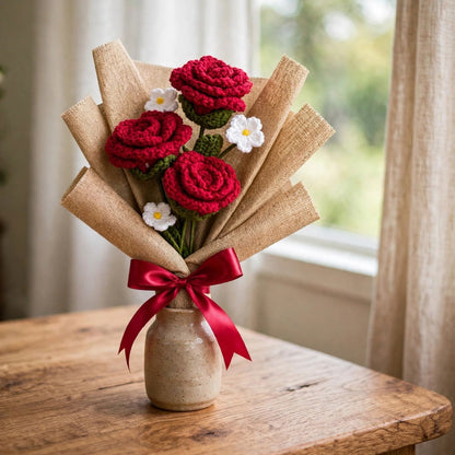 Maroon Rose & White Daisy Bouquet with Burlap Wrapping and Ribbon Bow