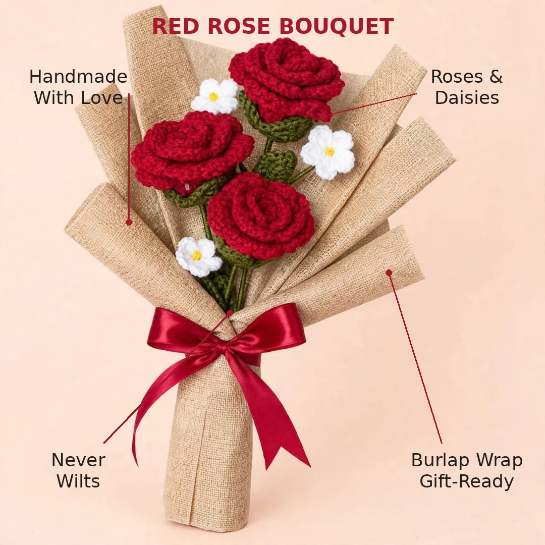 Maroon Rose & White Daisy Bouquet with Burlap Wrapping and Ribbon Bow
