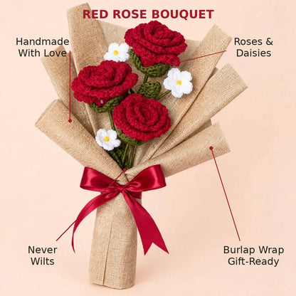 Maroon Rose & White Daisy Bouquet with Burlap Wrapping and Ribbon Bow