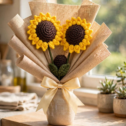 Sunflower Bouquet with Brown Bud, Burlap Wrapping & Ribbon Bow
