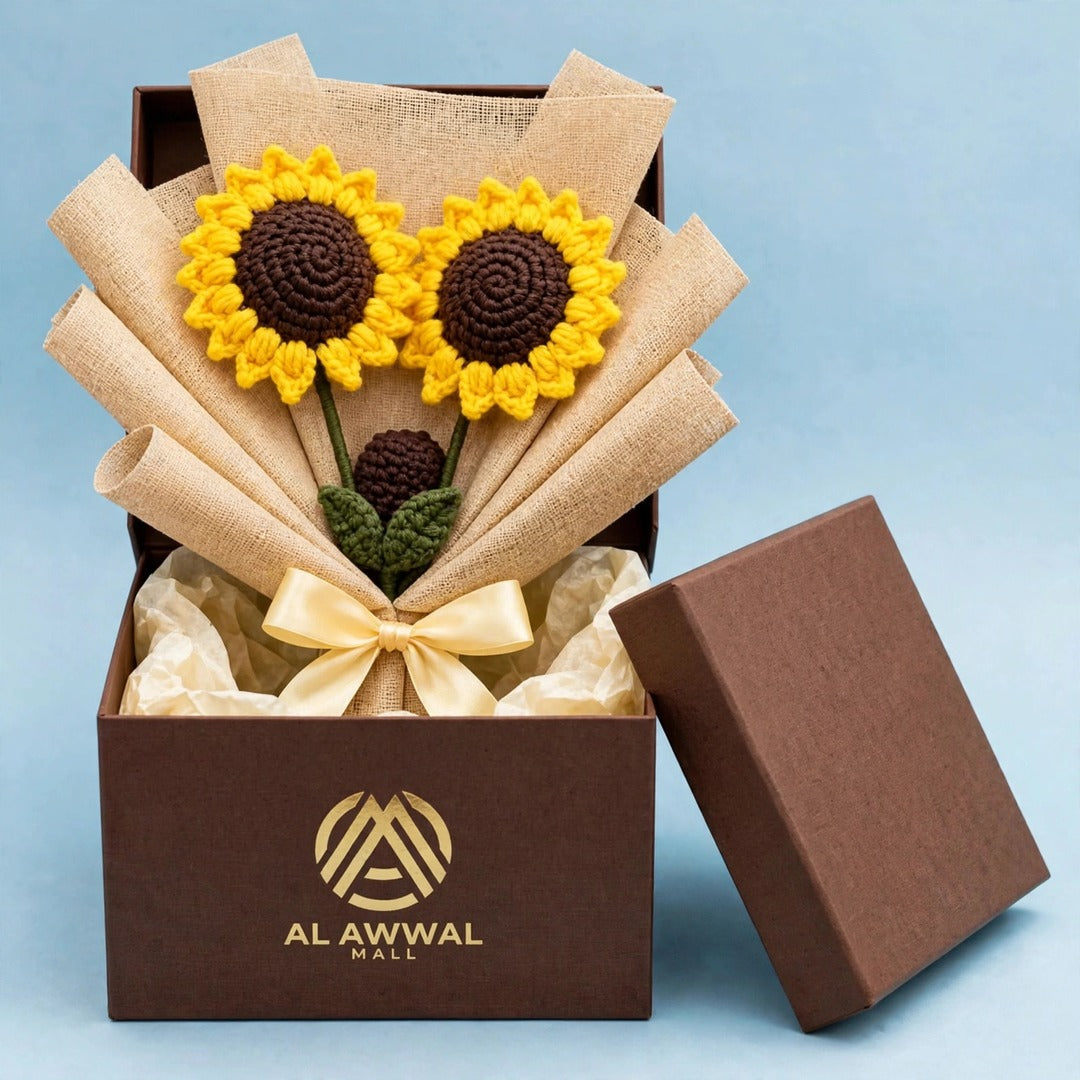 Sunflower Bouquet with Brown Bud, Burlap Wrapping & Ribbon Bow