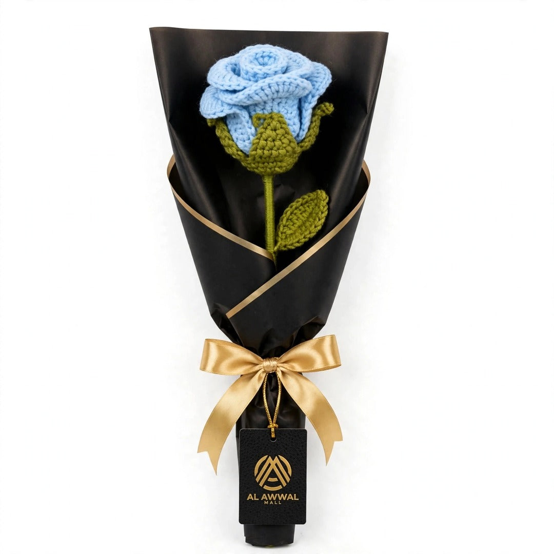 Blue Rose Bouquet with Black Wrapping and Golden Ribbon Bow