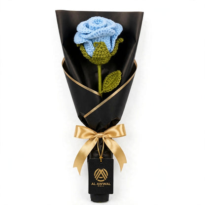 Blue Rose Bouquet with Black Wrapping and Golden Ribbon Bow