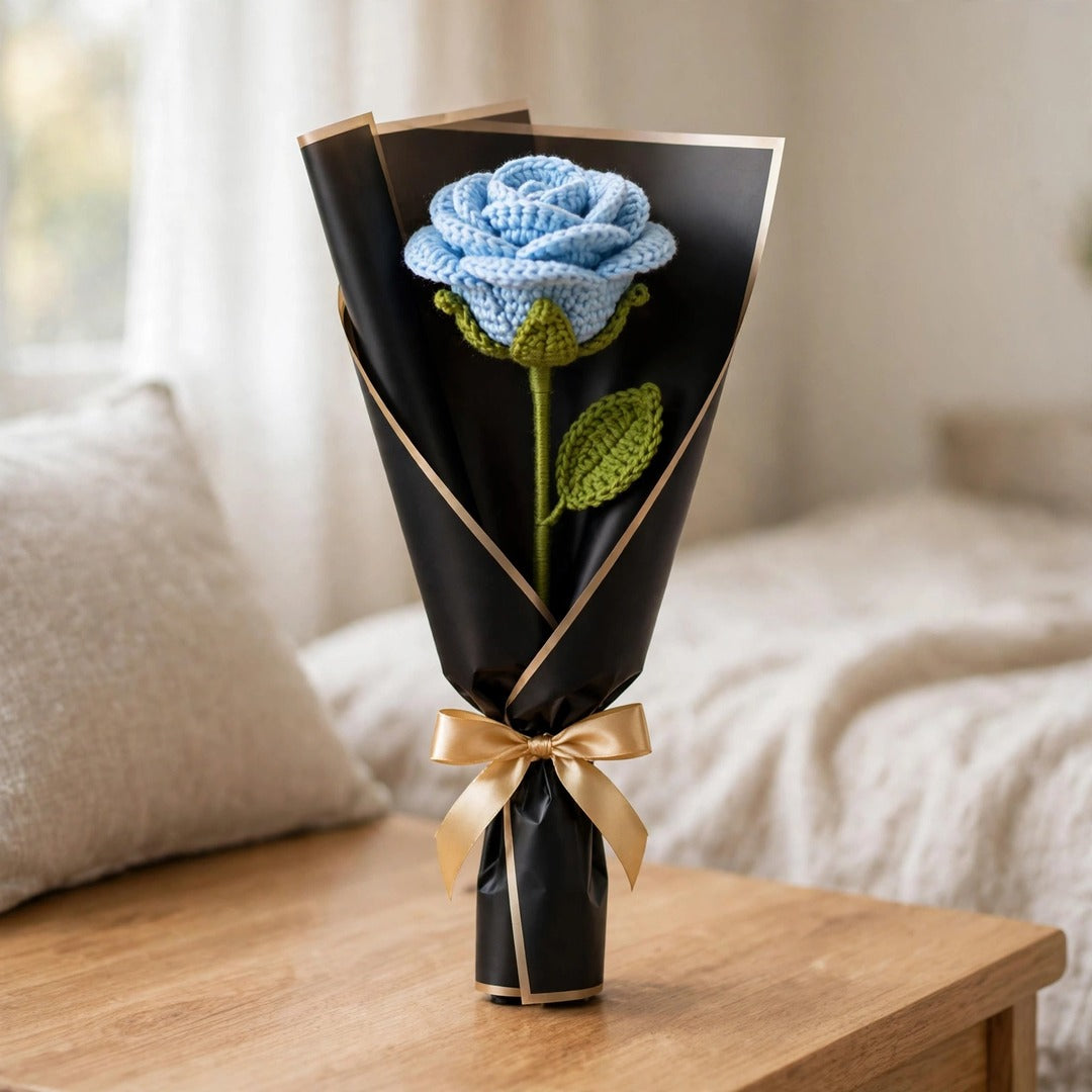 Blue Rose Bouquet with Black Wrapping and Golden Ribbon Bow