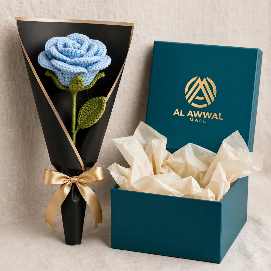 Blue Rose Bouquet with Black Wrapping and Golden Ribbon Bow