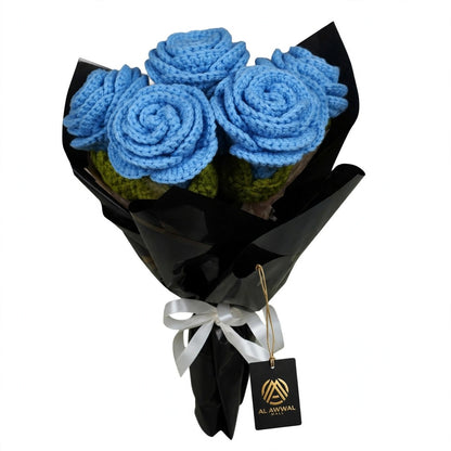 Blue Rose Bouquet with Black Wrapping and White Ribbon Bow