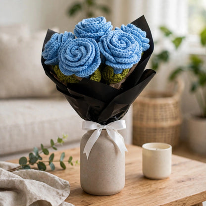 Blue Rose Bouquet with Black Wrapping and White Ribbon Bow