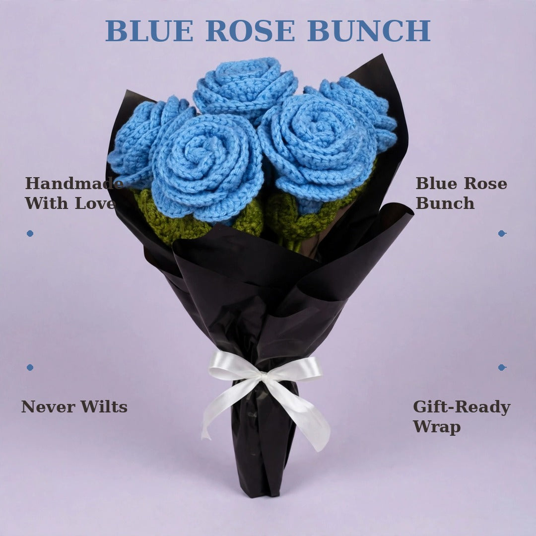 Blue Rose Bouquet with Black Wrapping and White Ribbon Bow
