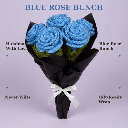 Blue Rose Bouquet with Black Wrapping and White Ribbon Bow