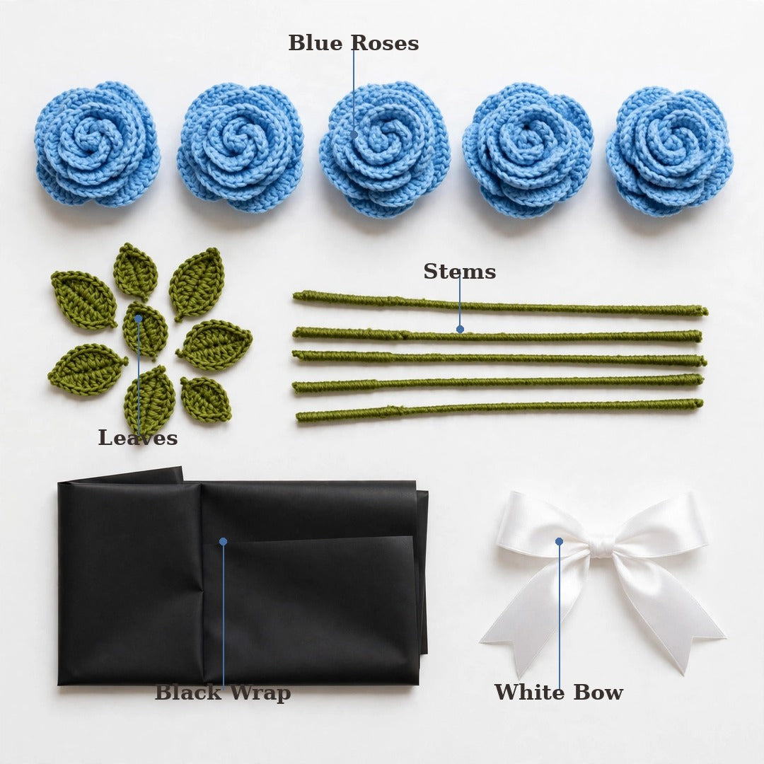 Blue Rose Bouquet with Black Wrapping and White Ribbon Bow