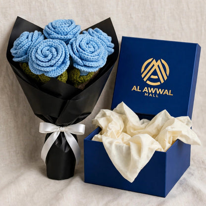 Blue Rose Bouquet with Black Wrapping and White Ribbon Bow