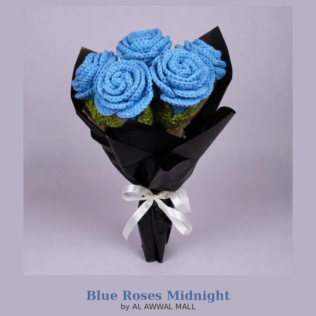 Blue Rose Bouquet with Black Wrapping and White Ribbon Bow