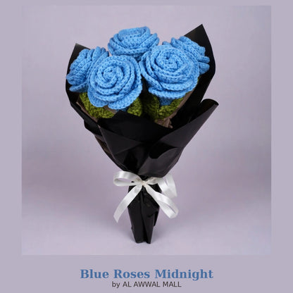 Blue Rose Bouquet with Black Wrapping and White Ribbon Bow